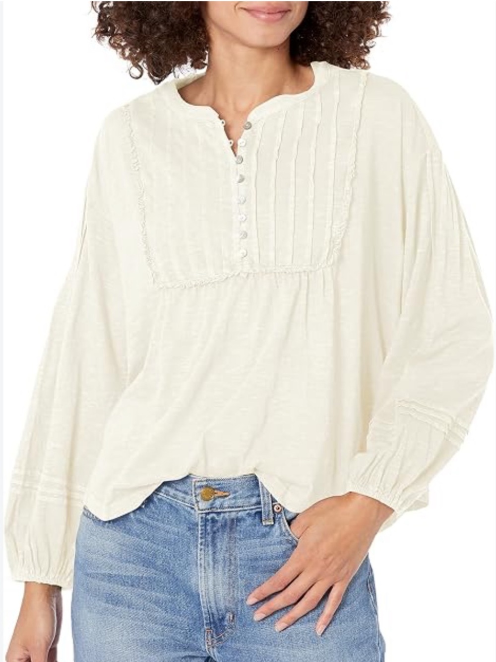NEW Lucky Brand Pintuck Pleated Balloon Sleeve Cotton Peasant Top Ivory Size L